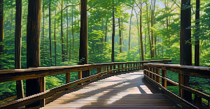 A peaceful forest scene in Congaree National Park with tall trees and a wooden boardwalk covered in sunlight.