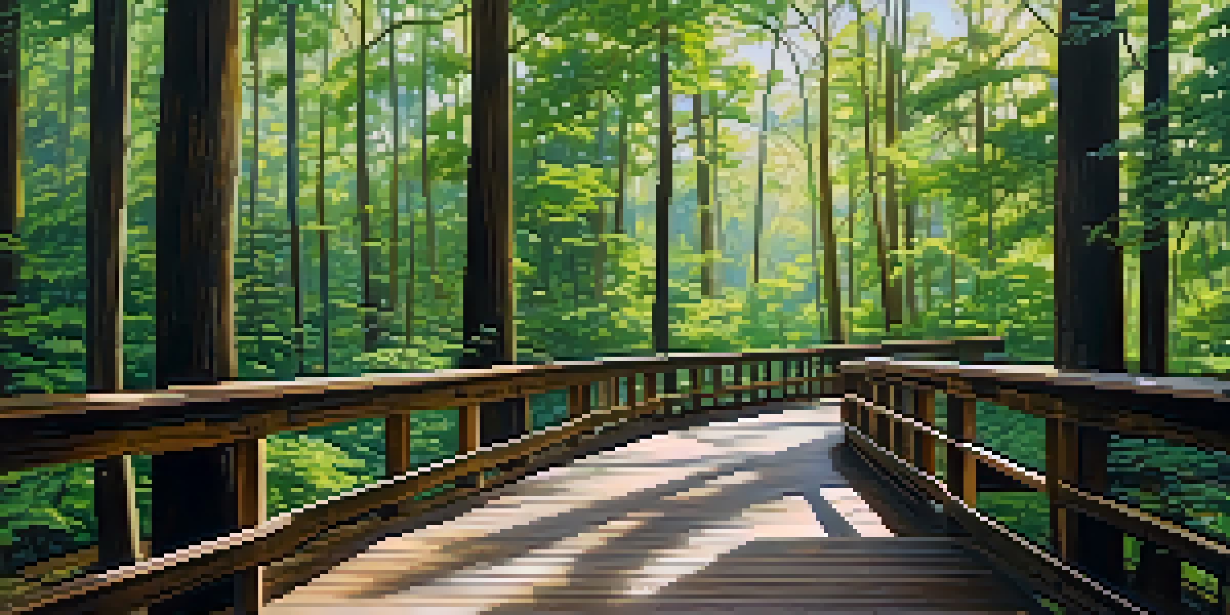 A peaceful forest scene in Congaree National Park with tall trees and a wooden boardwalk covered in sunlight.