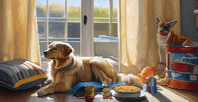 A calm dog sitting in a car, surrounded by a cozy blanket and a favorite toy, with sunlight streaming through the window.