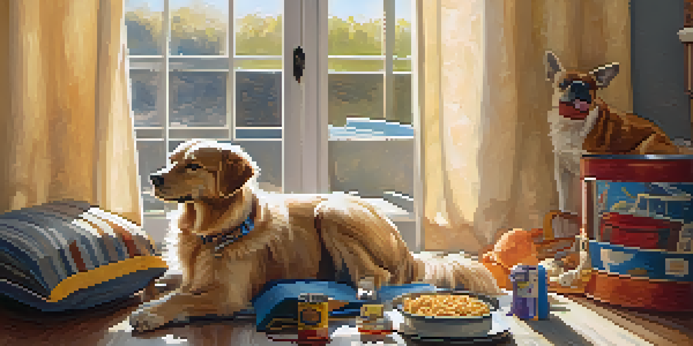 A calm dog sitting in a car, surrounded by a cozy blanket and a favorite toy, with sunlight streaming through the window.