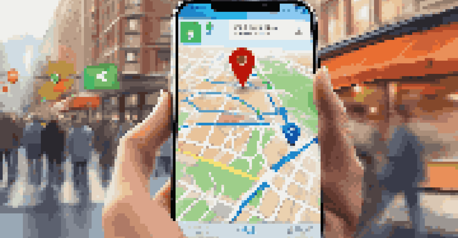 A close-up of a smartphone showing a map navigation app with highlighted routes and nearby restaurants, set against a blurred city street.