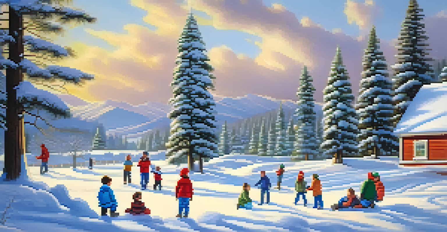 Children joyfully building a snowman in a snowy park surrounded by tall pine trees and a bright blue sky, capturing the essence of winter fun.