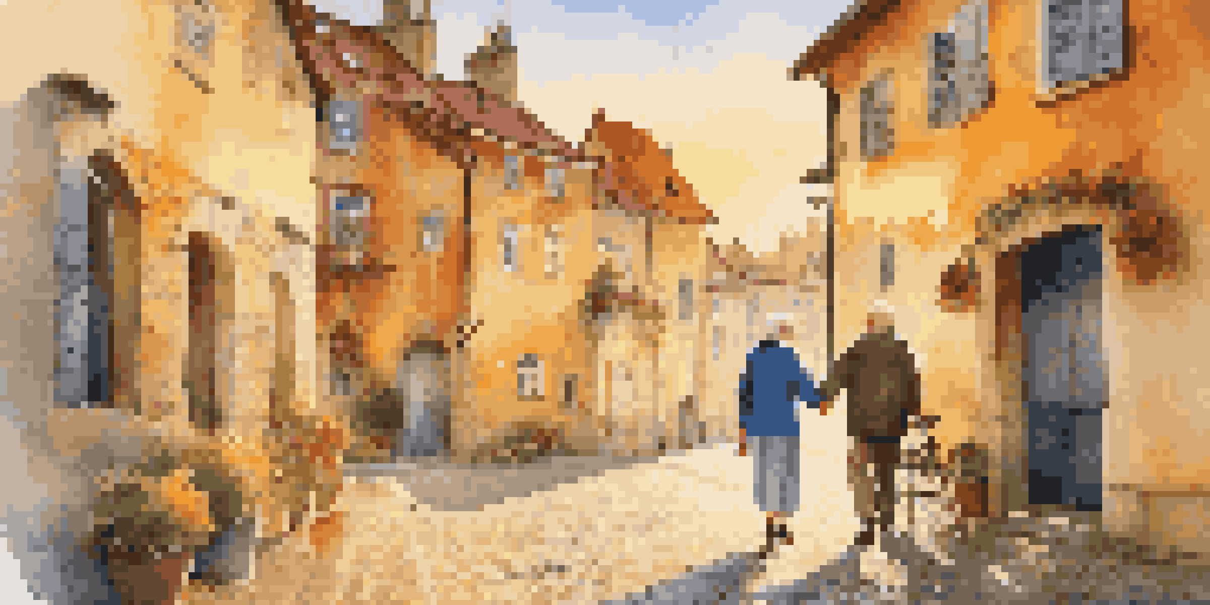 An elderly couple walking hand in hand through a charming European village during sunset, smiling and enjoying their travel experience.