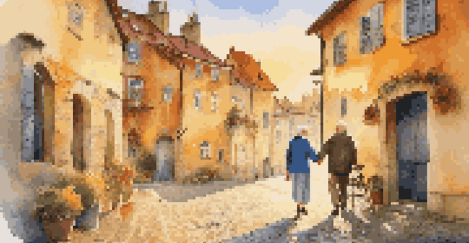 An elderly couple walking hand in hand through a charming European village during sunset, smiling and enjoying their travel experience.