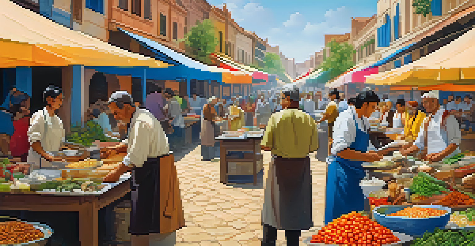 Travelers participating in a local cooking class at an open-air market with colorful vegetables and a local chef.