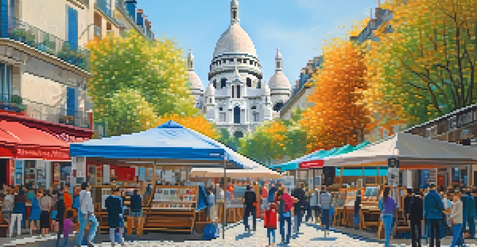 An artistic street scene in Montmartre, Paris, with artists at work and the Sacré-Cœur Basilica in the background.
