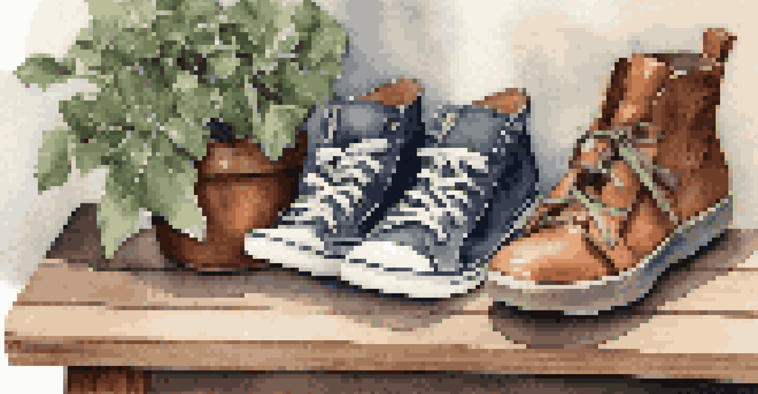 A collection of stylish festival footwear including sneakers, boots, and sandals on a wooden surface with soft natural lighting.