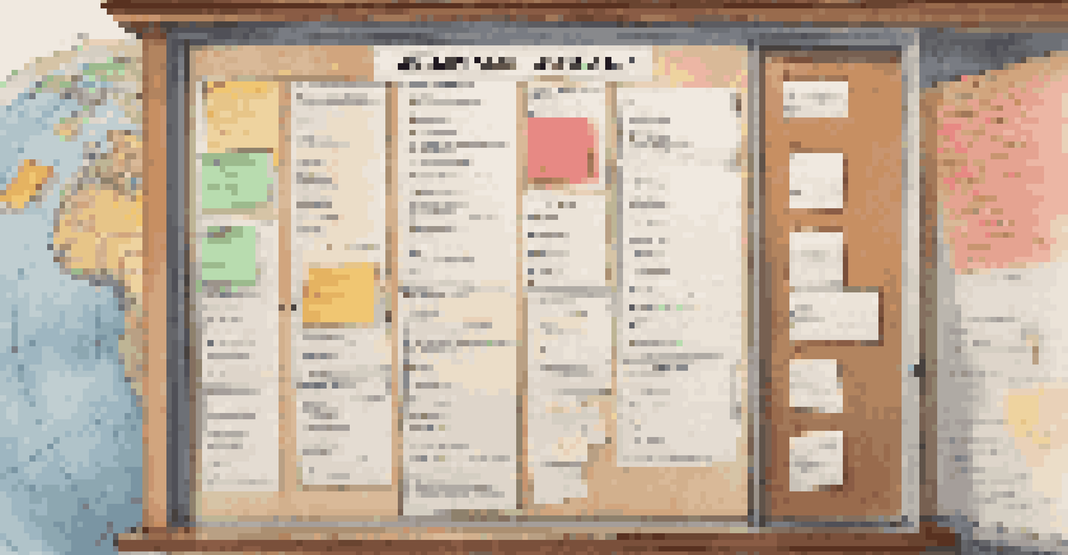 An emergency contact list displayed on a wall, surrounded by colorful sticky notes in a traveler's room with a suitcase and world map.