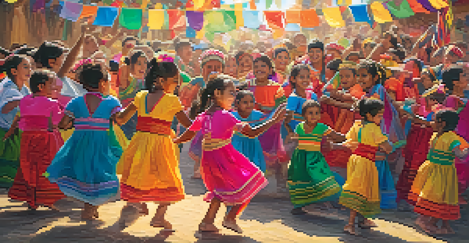 A group of joyful children in colorful costumes dancing at a cultural festival, surrounded by festive decorations.
