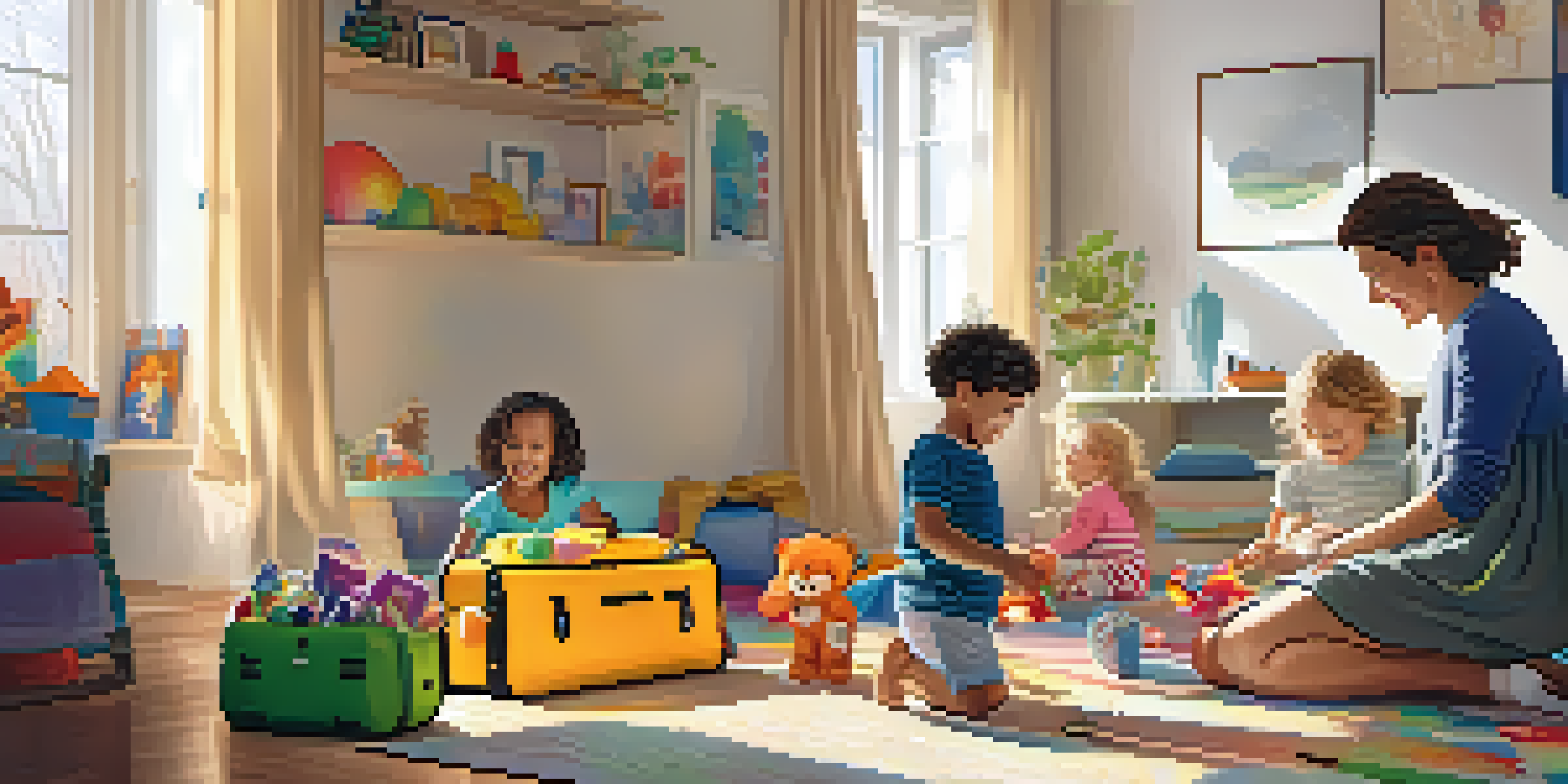 A family with two toddlers happily packing luggage in a bright living room filled with toys and snacks.