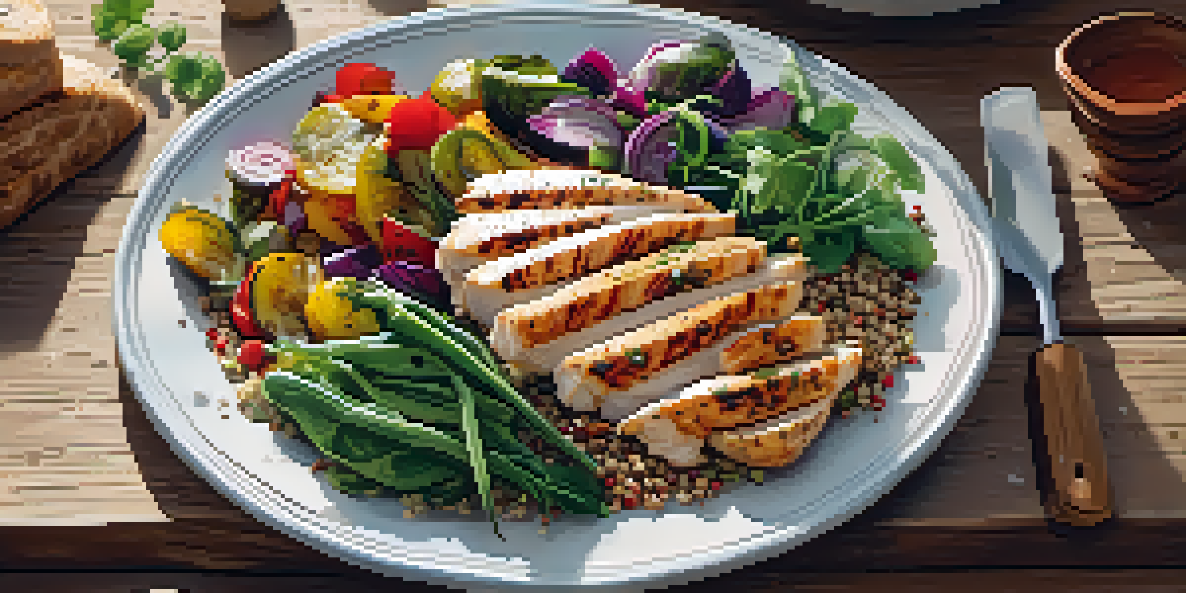 A gluten-free meal with grilled chicken, roasted vegetables, and quinoa salad on a wooden table, illuminated by natural light.