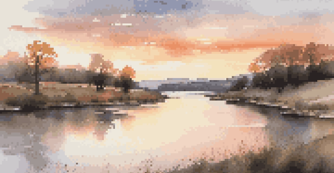 A peaceful landscape at sunset with rolling hills, a river, and silhouetted trees against a colorful sky.