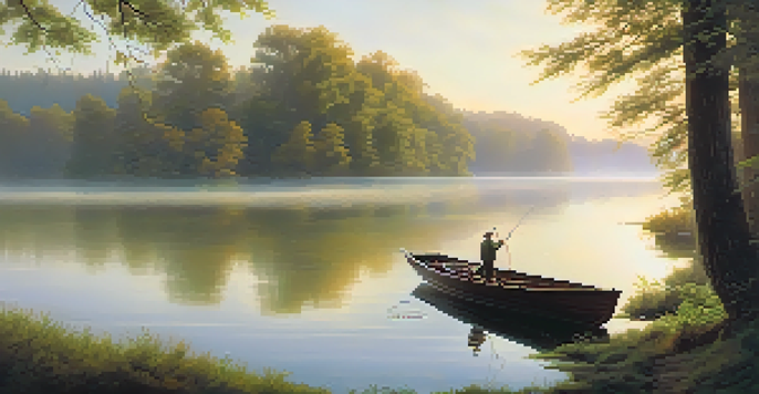 An angler casting a fishing line from a boat at sunrise on a peaceful lake, surrounded by mist and mountains.