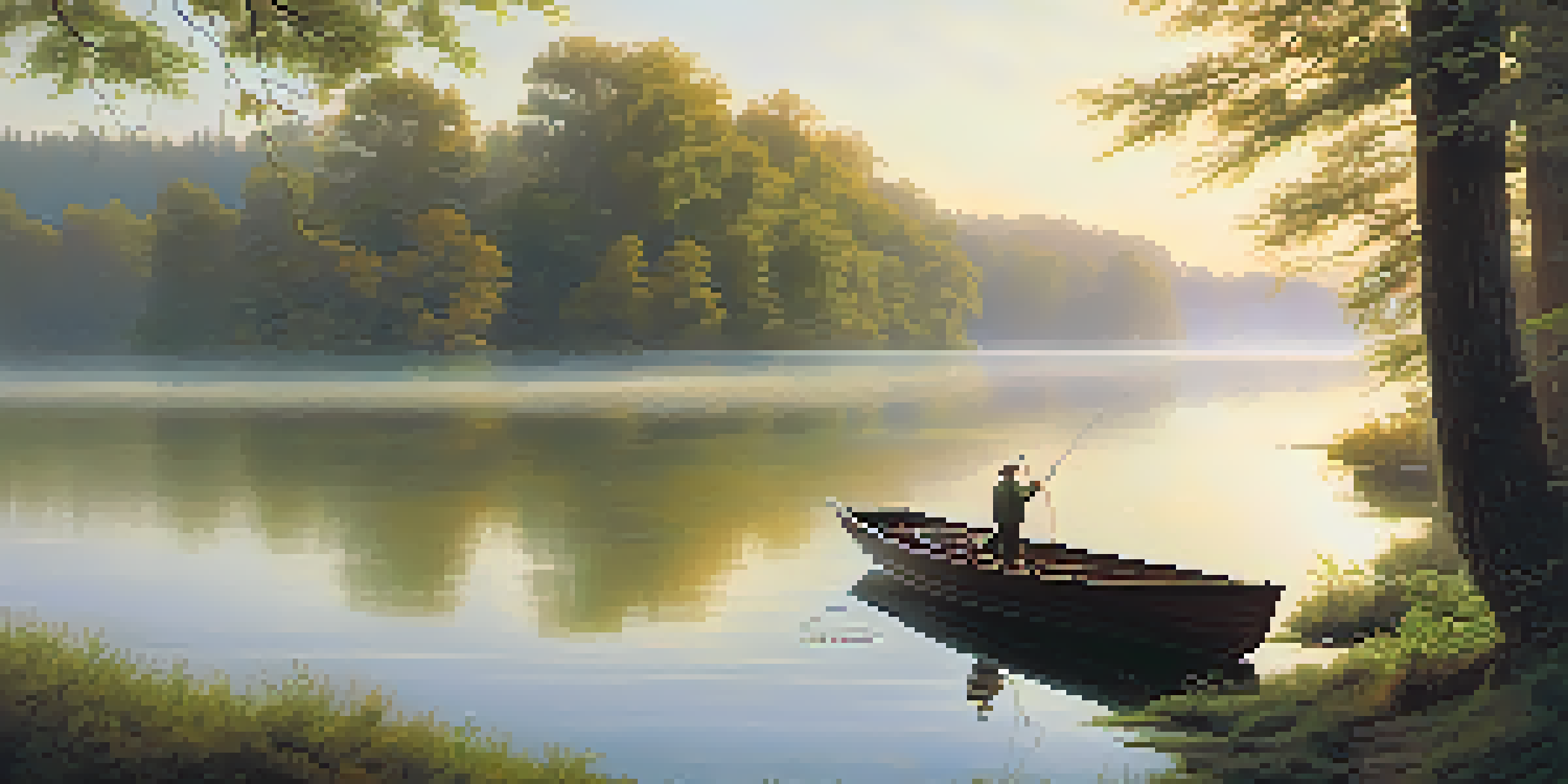 An angler casting a fishing line from a boat at sunrise on a peaceful lake, surrounded by mist and mountains.