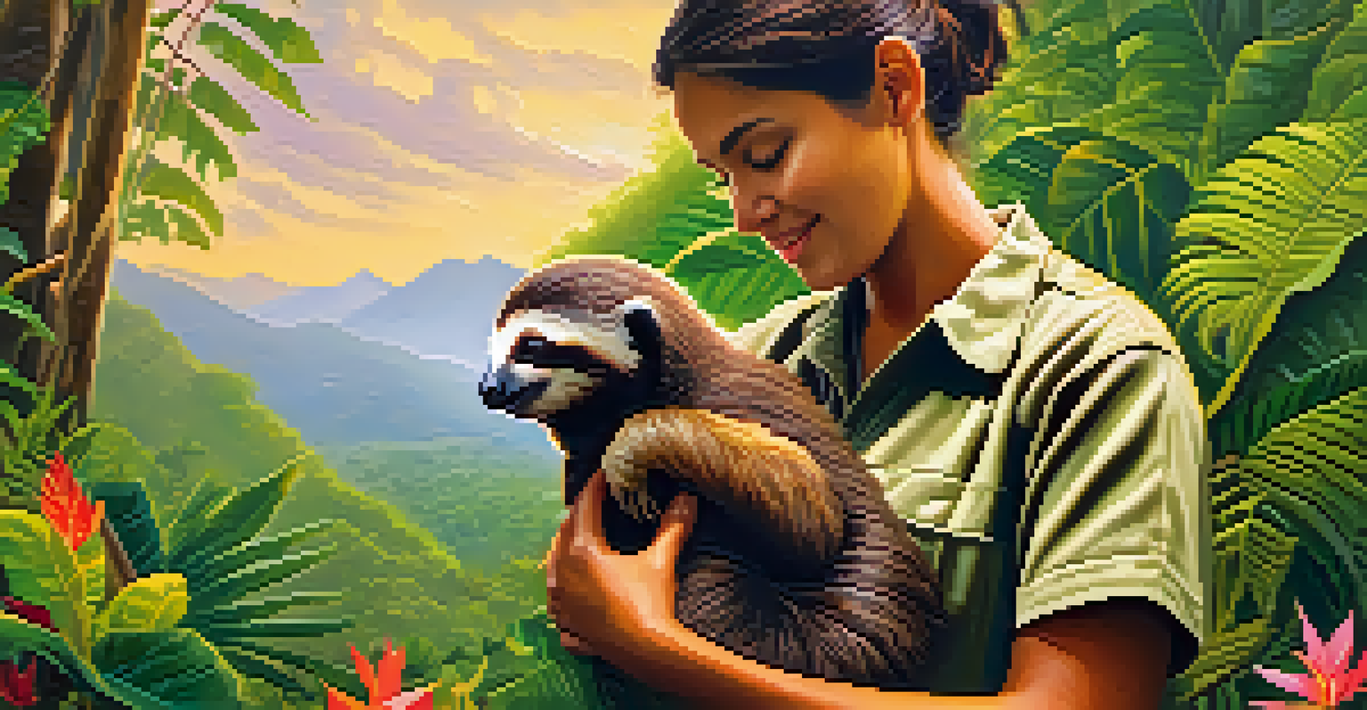 A volunteer is caring for a baby sloth in a tropical wildlife conservation area, surrounded by green foliage and colorful flowers at sunset.