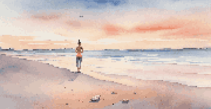 A person doing yoga on a beach at sunrise, with a colorful sky and calm water.