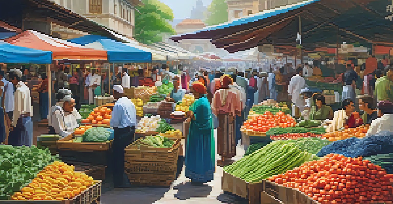 A colorful local market with fresh produce and lively interactions.