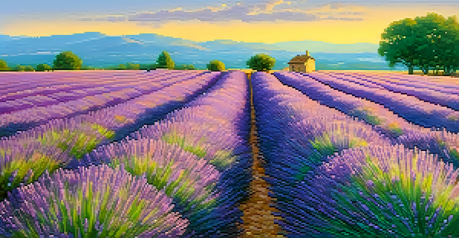 A couple walking through a vibrant lavender field in Provence under a sunny sky.