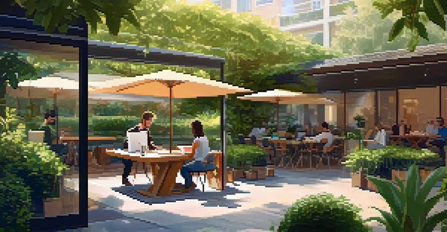 An outdoor co-working space in a garden with people working on laptops surrounded by greenery.