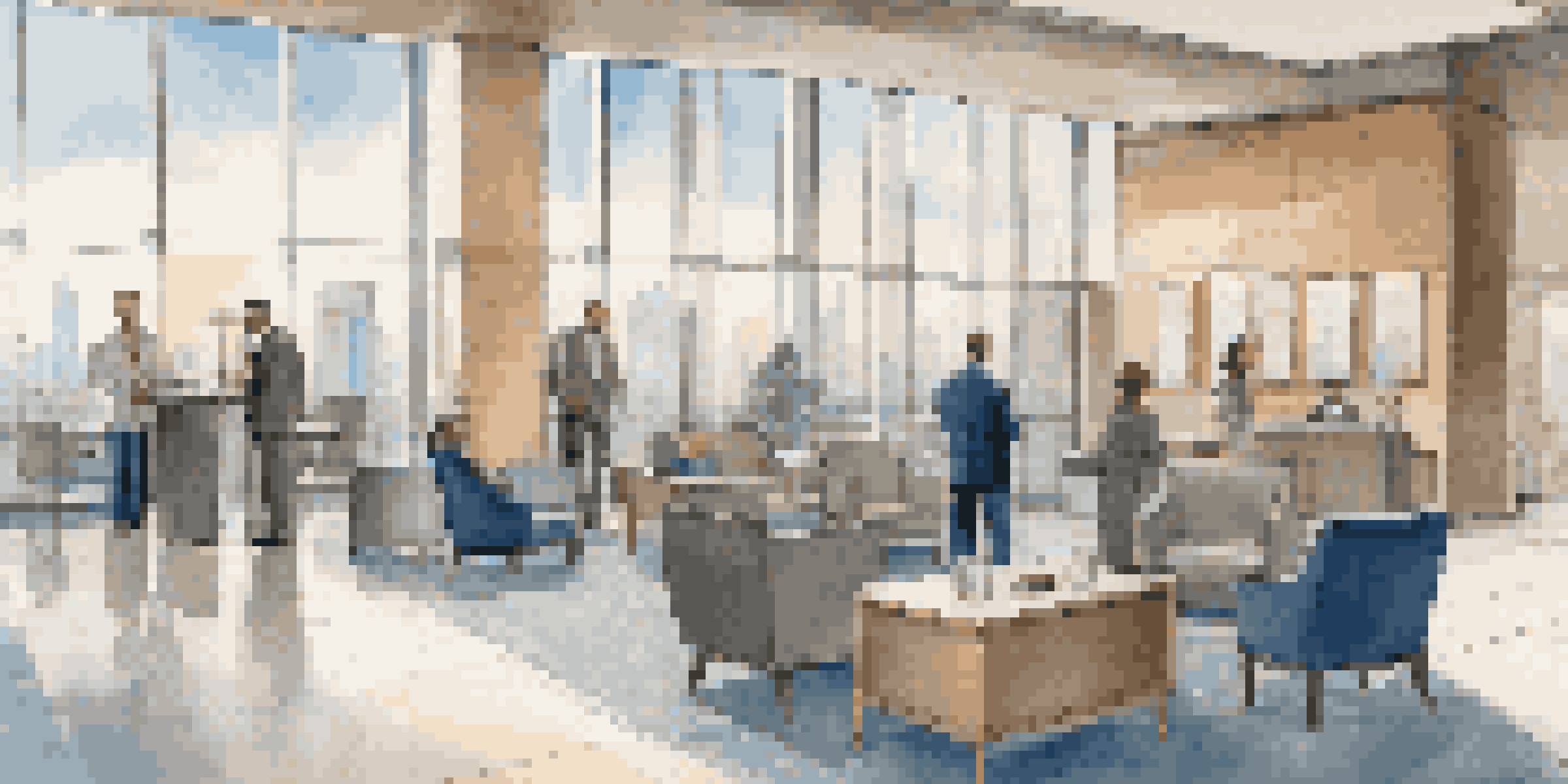 A modern hotel lobby with diverse business travelers checking in, featuring sleek furniture and a city skyline view.