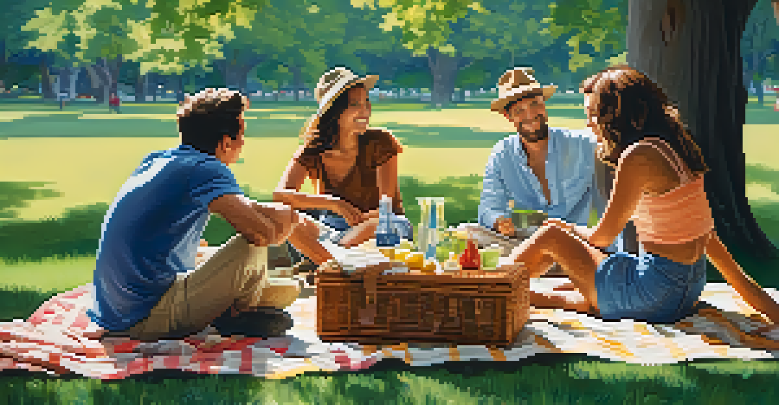 A group of travelers having a picnic in a park, discussing their travel plans in a relaxed setting.