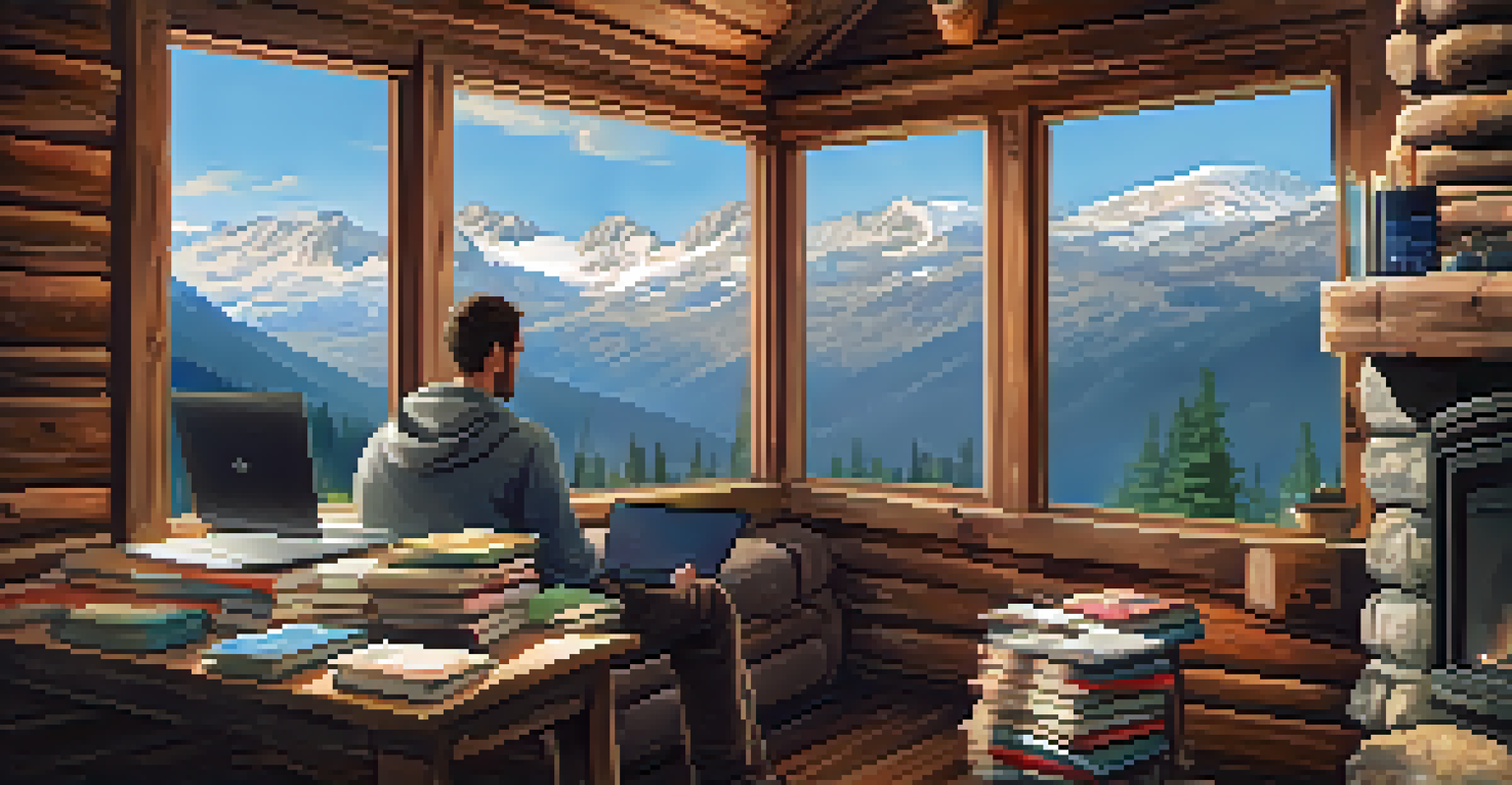 A person working on a laptop inside a cozy cabin with a view of mountains and a fireplace.