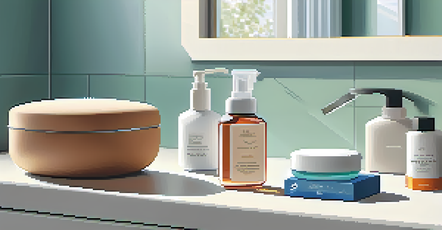 A tidy bathroom counter with travel-sized toiletries and a compact travel pouch, illustrating the concept of minimalism in packing.