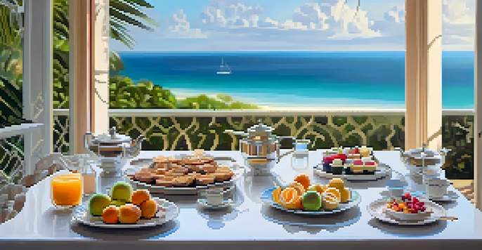 A serene view from a private villa showcasing a beach at sunrise, with a breakfast table set with local foods surrounded by tropical plants.