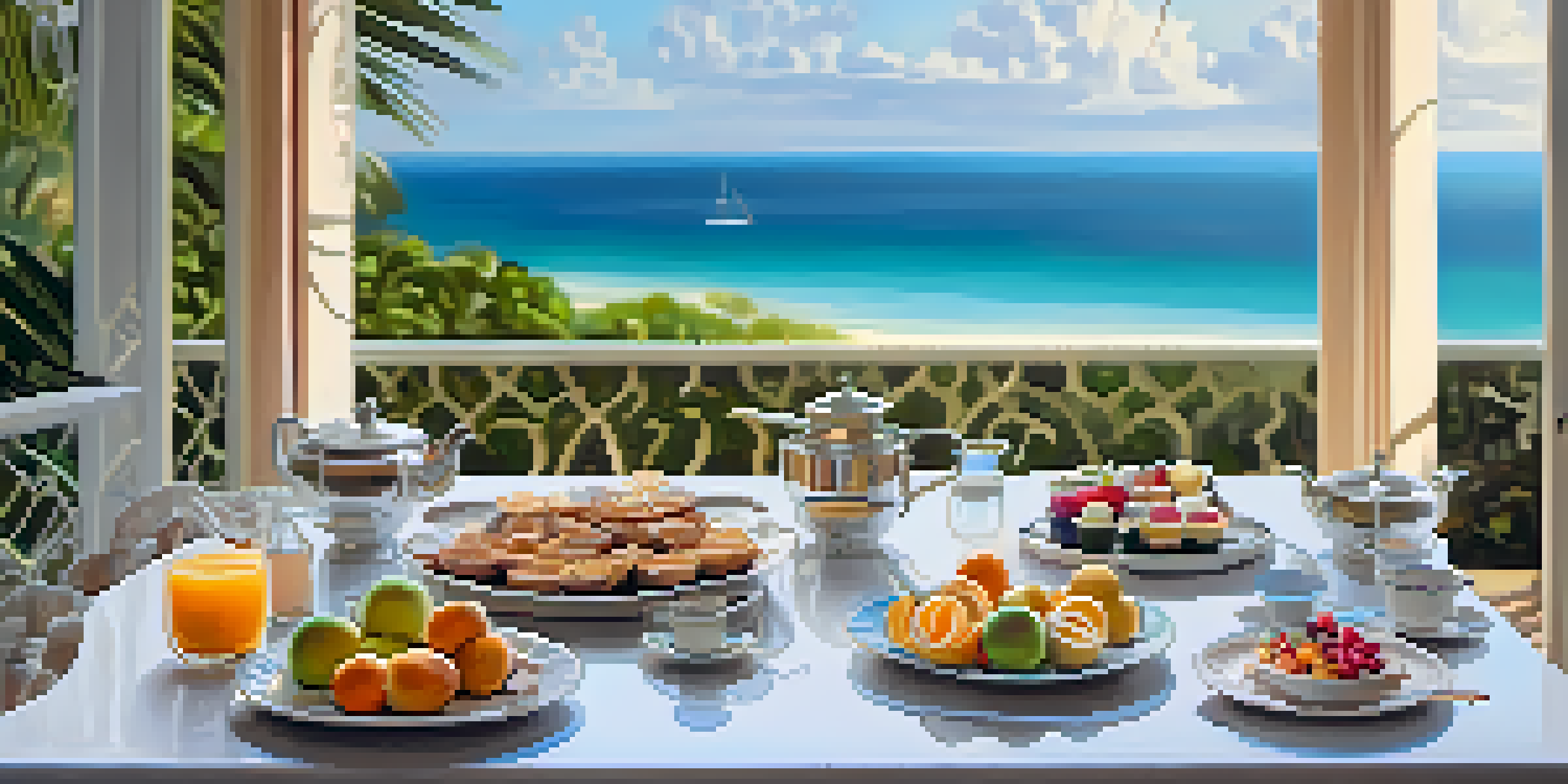 A serene view from a private villa showcasing a beach at sunrise, with a breakfast table set with local foods surrounded by tropical plants.