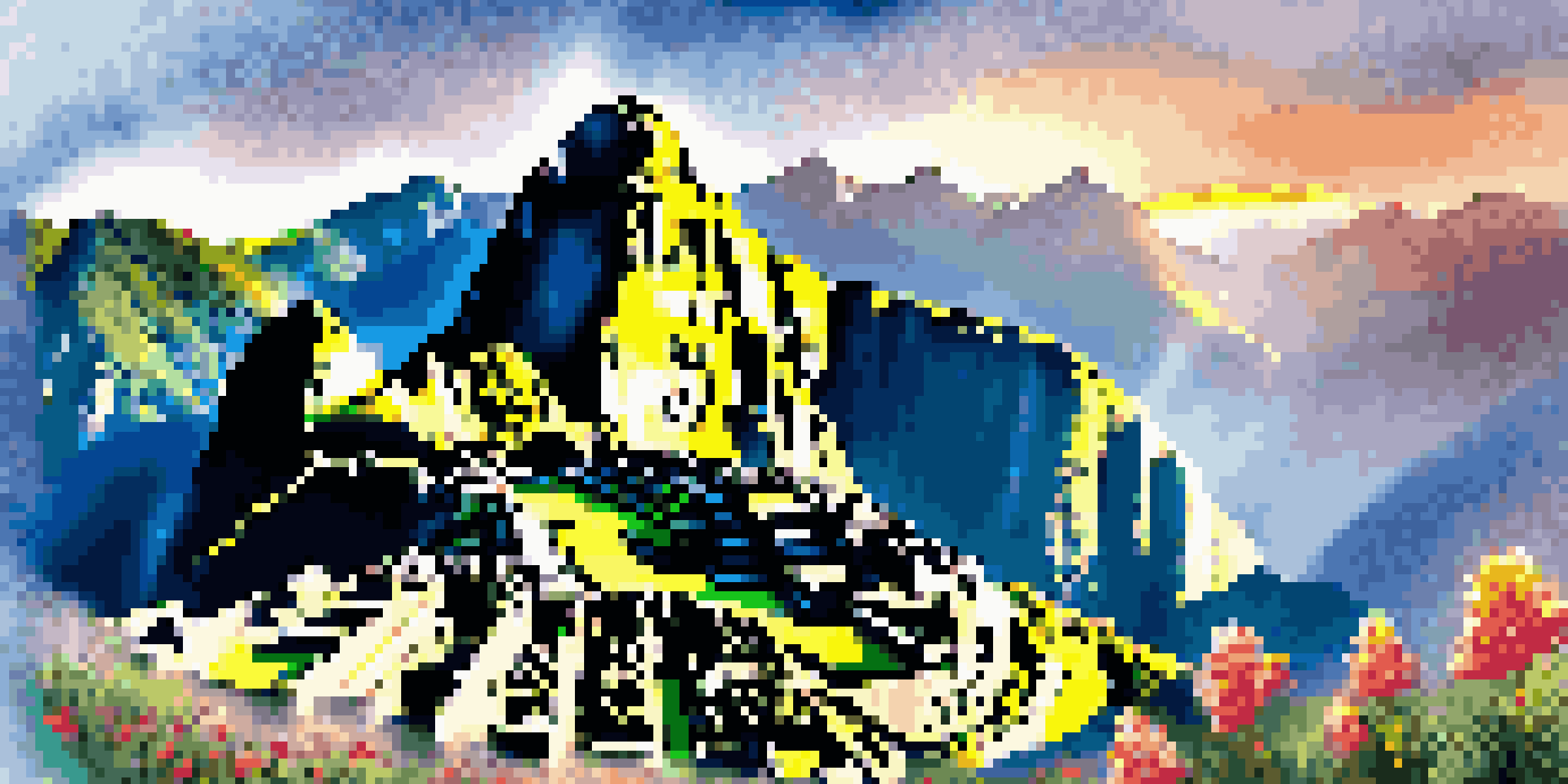 A scenic view of Machu Picchu at sunrise, with mist and colorful wildflowers in the foreground.