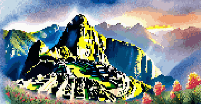 A scenic view of Machu Picchu at sunrise, with mist and colorful wildflowers in the foreground.