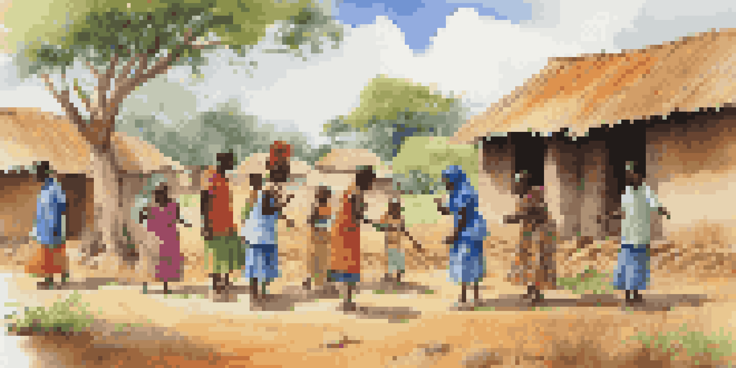 Volunteers teaching children in a rural African village, surrounded by greenery and traditional homes.
