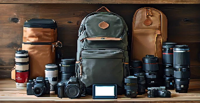 A photography backpack with camera gear neatly organized inside, illuminated by soft natural light.