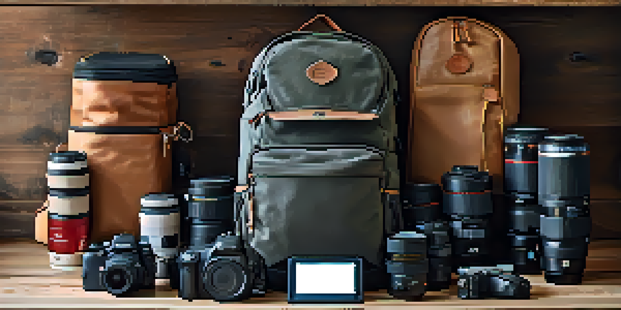 A photography backpack with camera gear neatly organized inside, illuminated by soft natural light.
