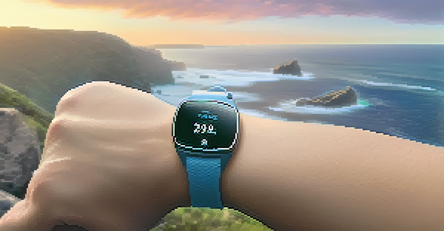 A close-up of a fitness tracker on a wrist during a jog along a coastal path with waves in the background.