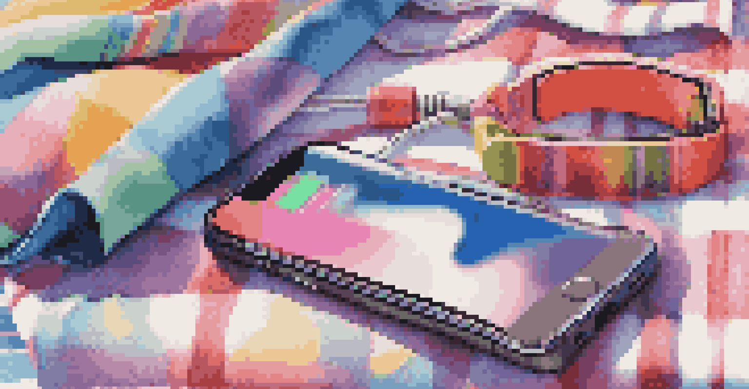 A close-up of a portable phone charger and a lightweight camera on a picnic blanket, with colorful wristbands nearby, capturing the essence of festival life.