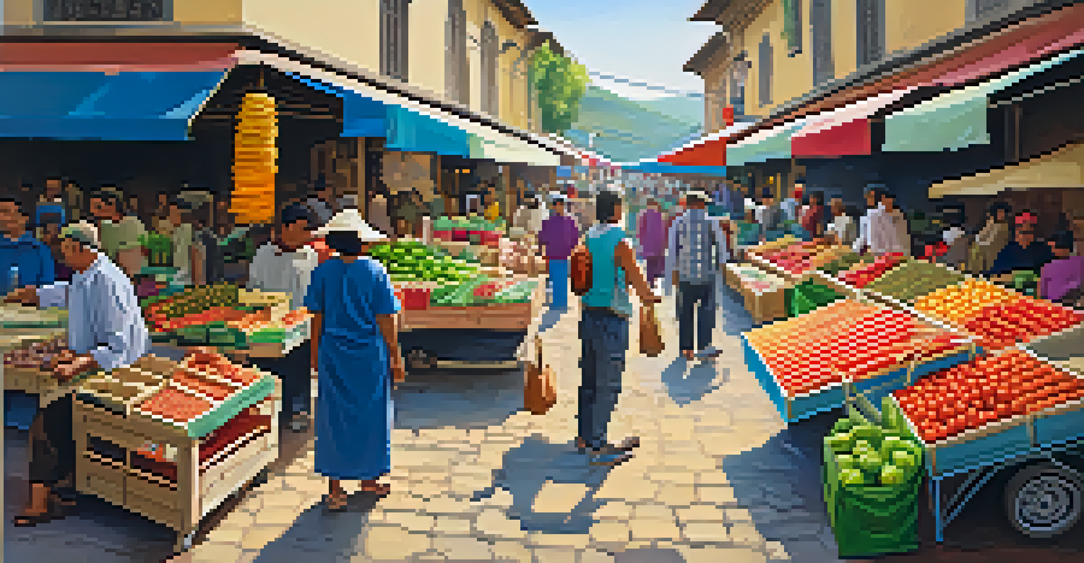 A lively artisan market with vendors selling fresh produce and handmade goods, showcasing shoppers using reusable bags.