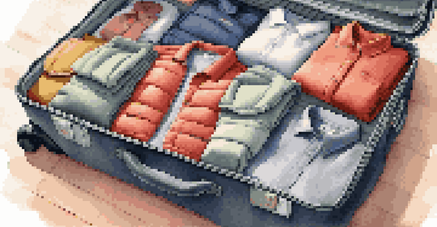 A neatly packed suitcase with rolled lightweight clothing and colorful packing cubes in a cozy bedroom setting.