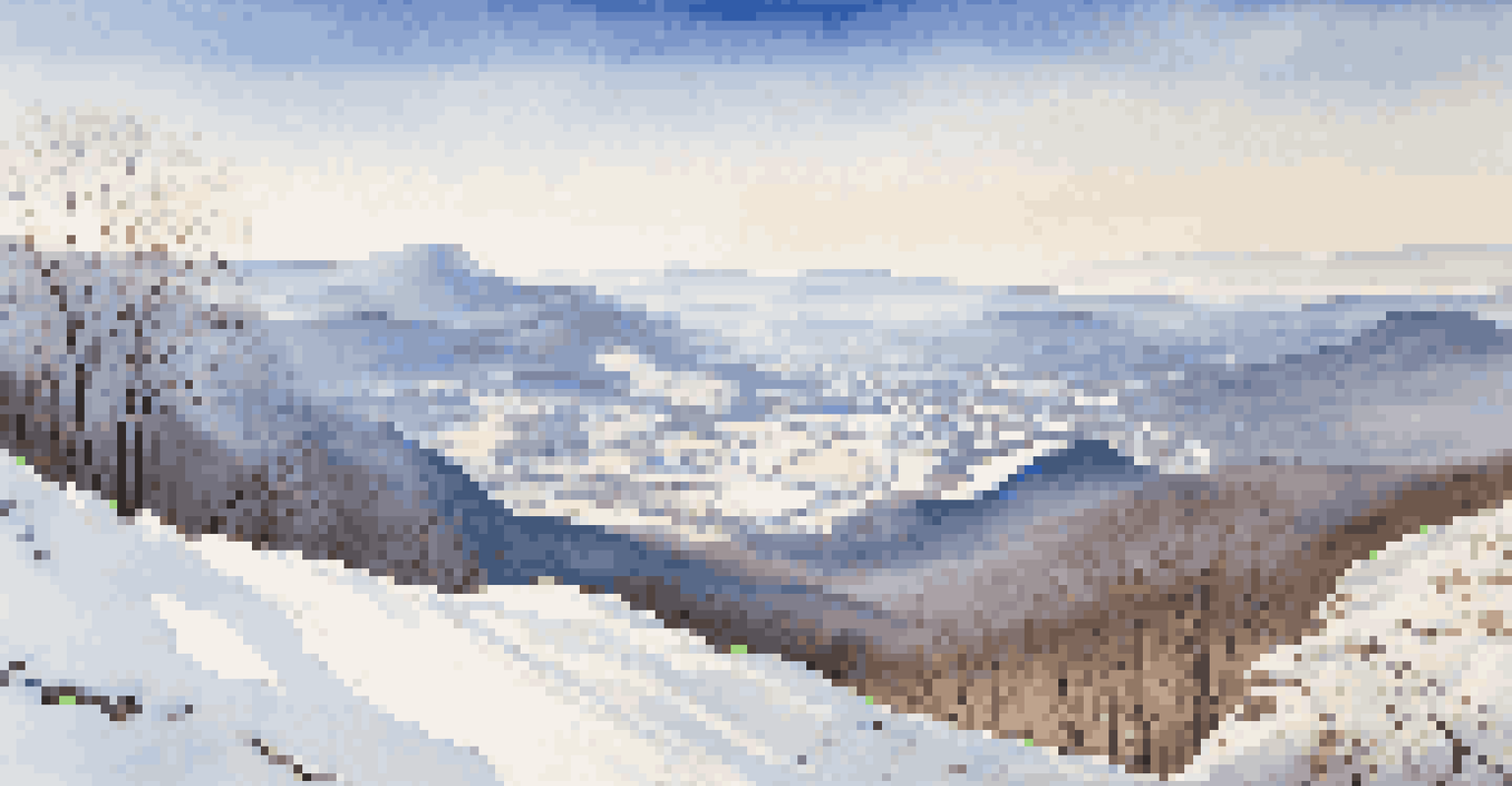 A stunning view from McAfee Knob with snow-covered valleys and mountains under a clear blue sky.