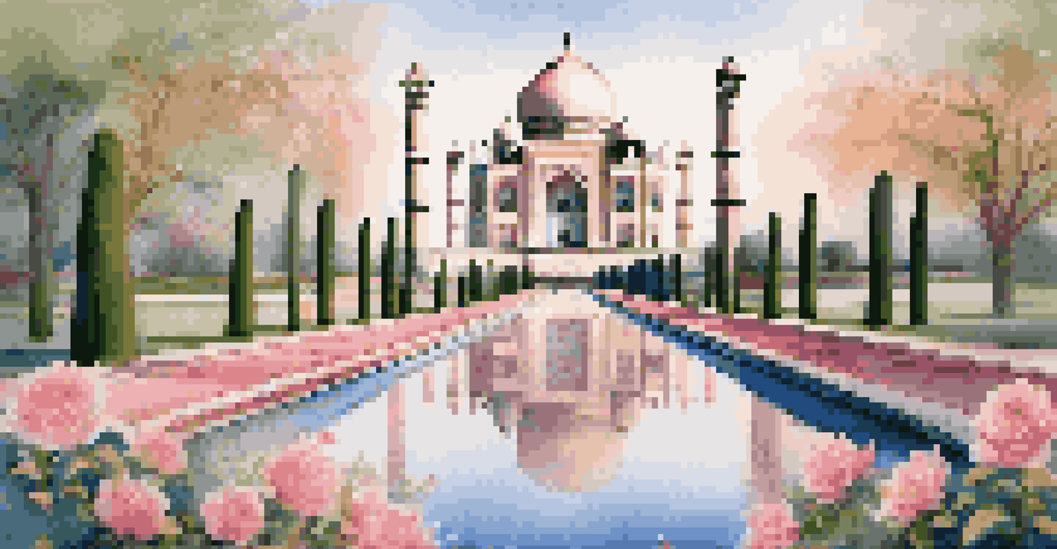 Close-up of the Taj Mahal reflecting in water pools surrounded by colorful flowers.