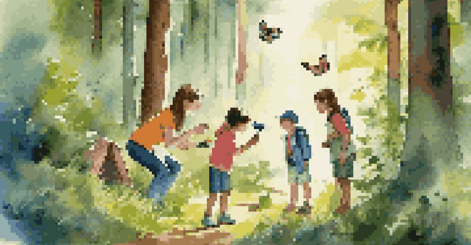 Children exploring the forest with a parent, observing nature and holding a magnifying glass, surrounded by greenery.