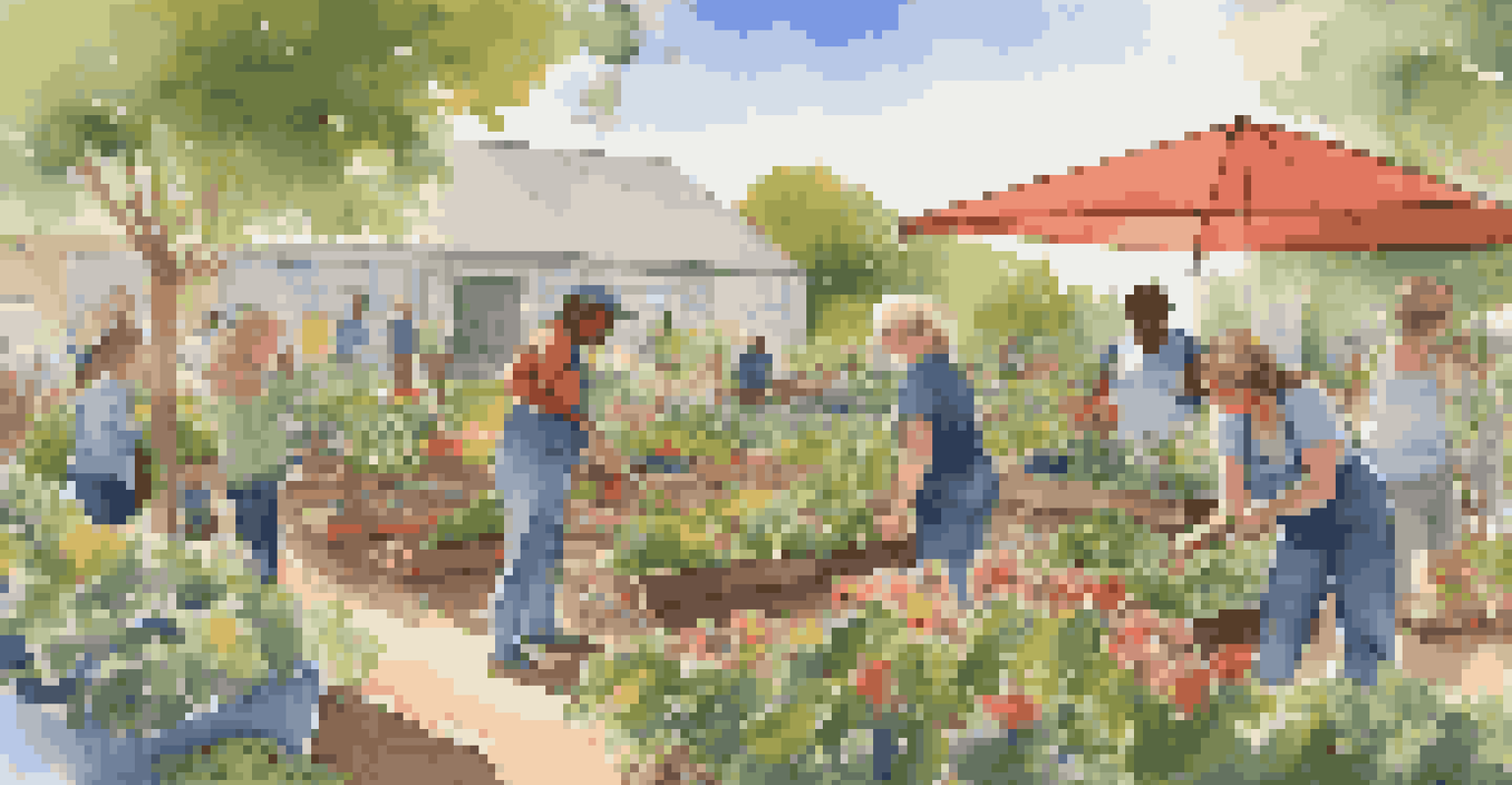 Participants of all ages engaged in a gardening workshop outdoors, surrounded by blooming flowers and vegetables under a clear blue sky.