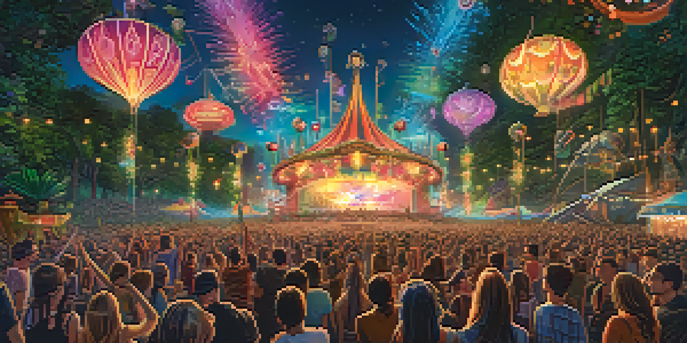 A lively festival scene at Tomorrowland with a decorated stage and dancing crowd under a twilight sky.