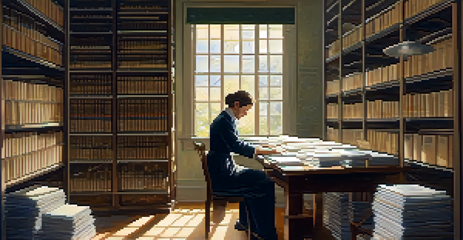 An archivist in an archive room filled with documents and historical records, with sunlight illuminating the workspace and casting soft shadows.