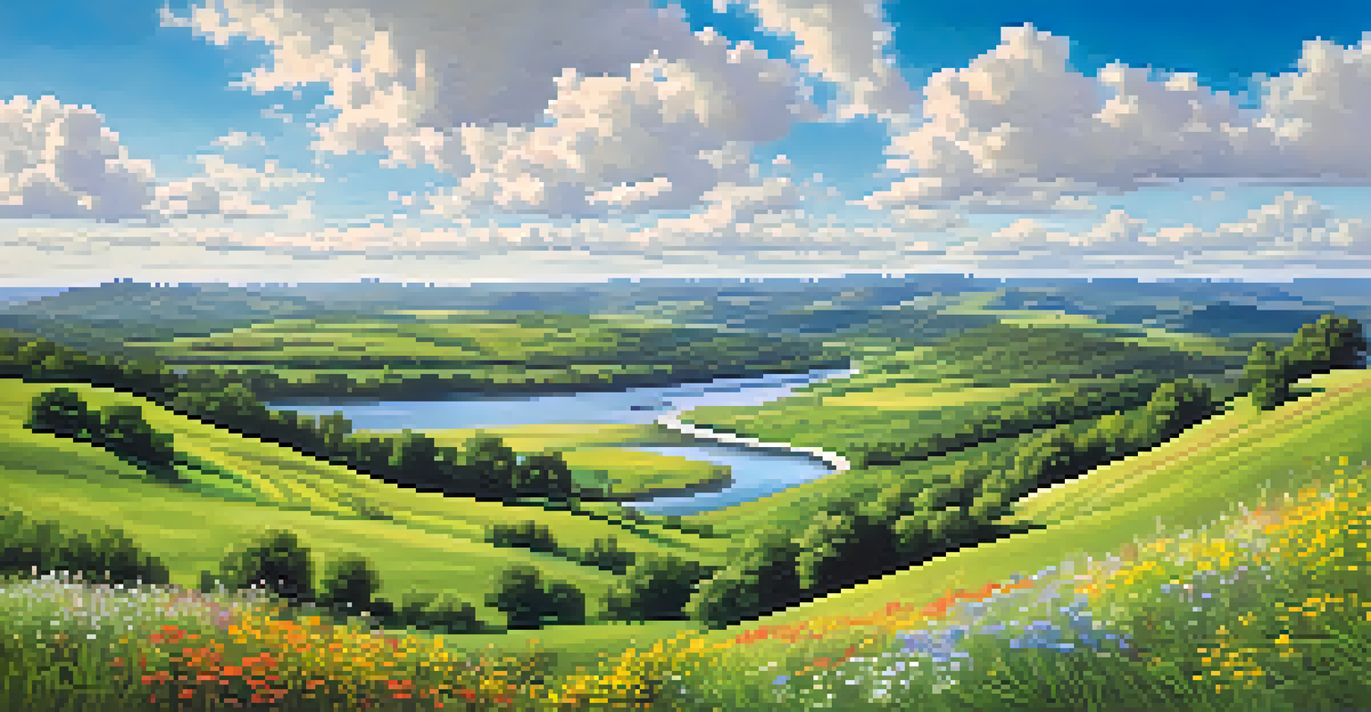 A beautiful landscape with rolling hills, a winding river, and colorful wildflowers under a bright blue sky.