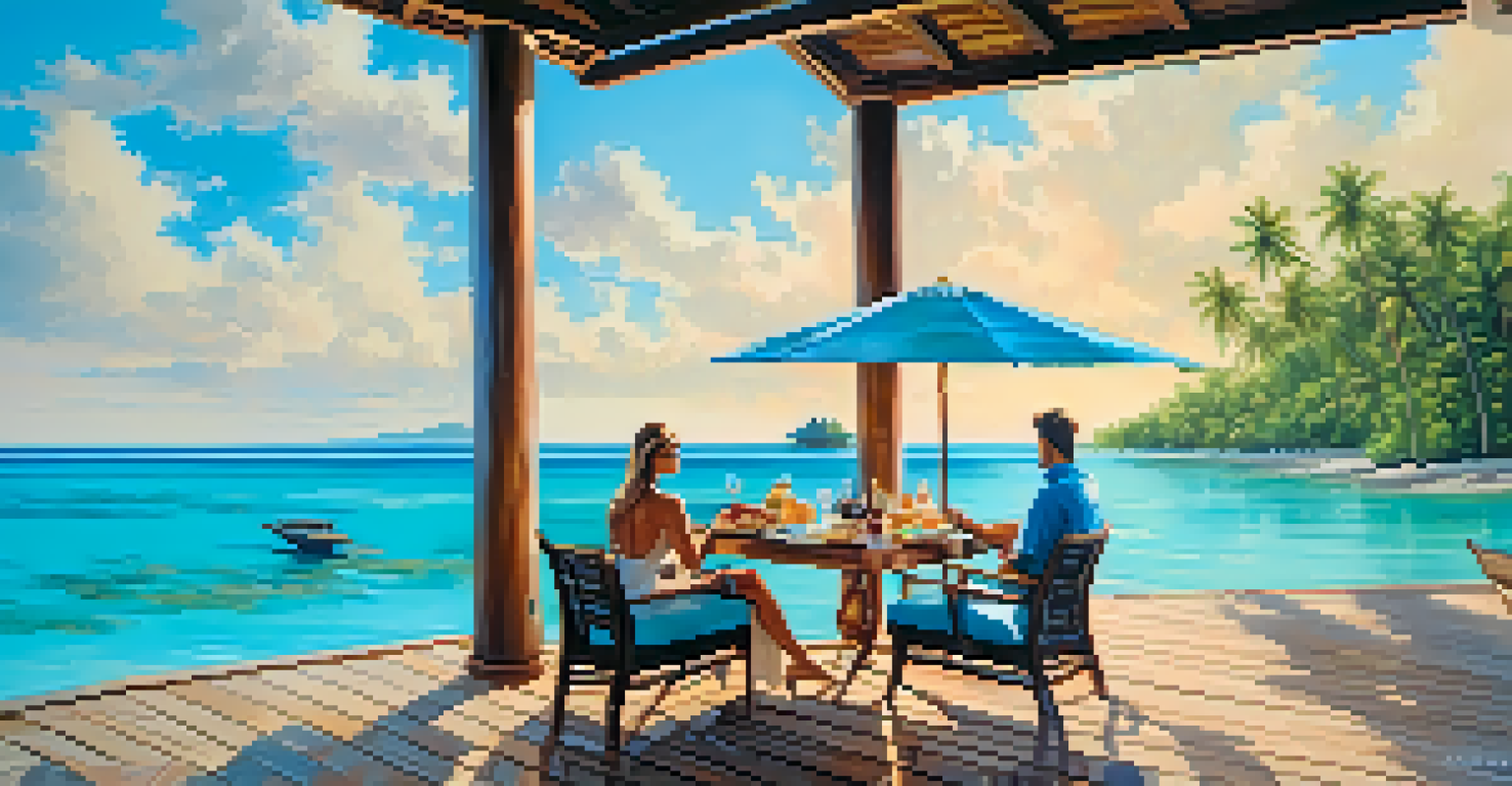 An overwater bungalow in the Maldives with a couple having breakfast on a private deck over the ocean.