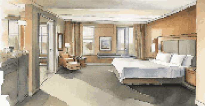 An accessible hotel room designed for comfort and mobility, showcasing wide doorways and a roll-in shower.