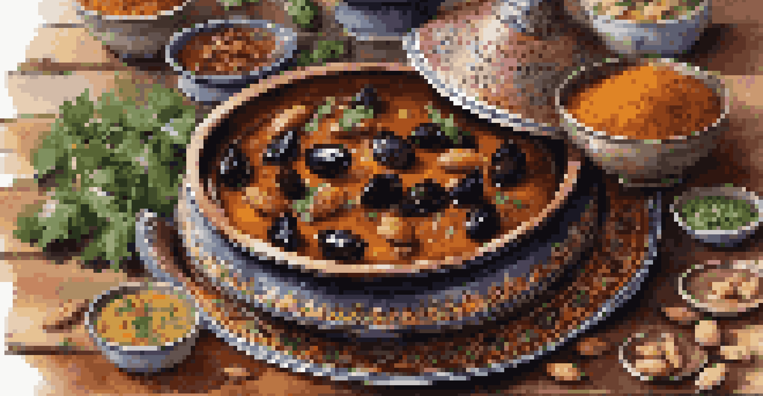A Moroccan tagine dish filled with lamb and prunes, surrounded by bowls of spices on a wooden table.