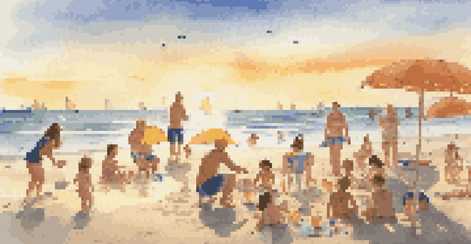 A family reunion at the beach with members enjoying the sun, sand, and water activities.