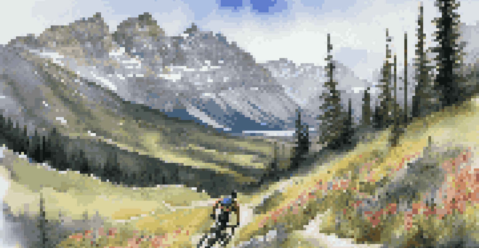 A mountain biker on a challenging trail with stunning views of the Canadian Rockies and blooming wildflowers.
